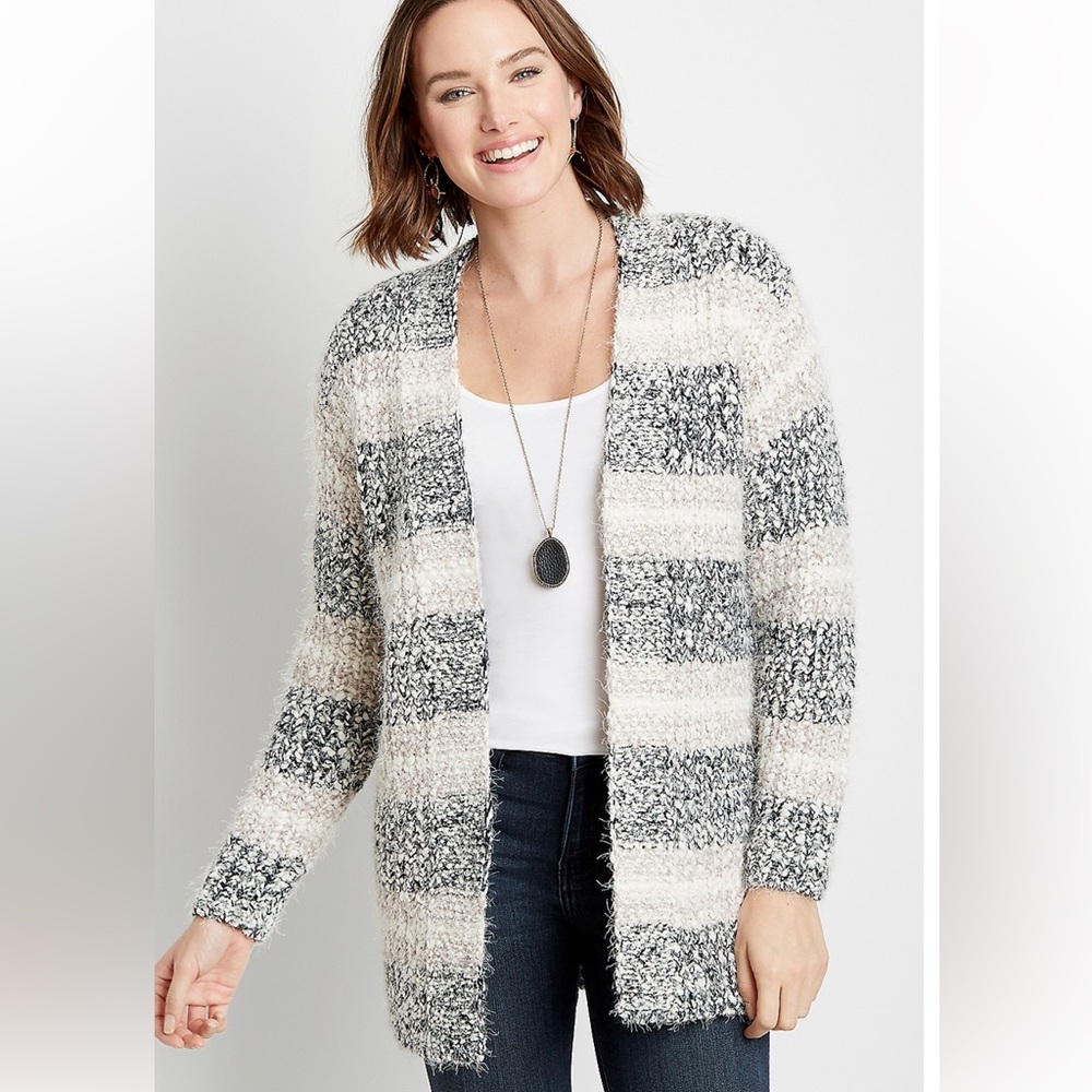 Maurices Women’s XL Striped Eyelash Knit Open Front Cardigan Cozy Sweater